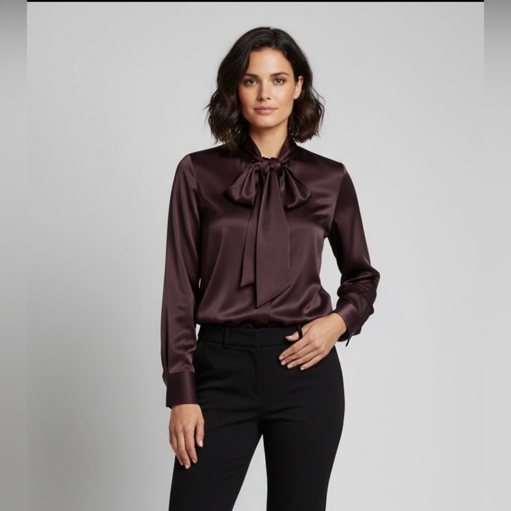 Y2K Lauren Ralph Lauren 100% Silk Elegant Top Blouse Button Up Size 6 Merlot